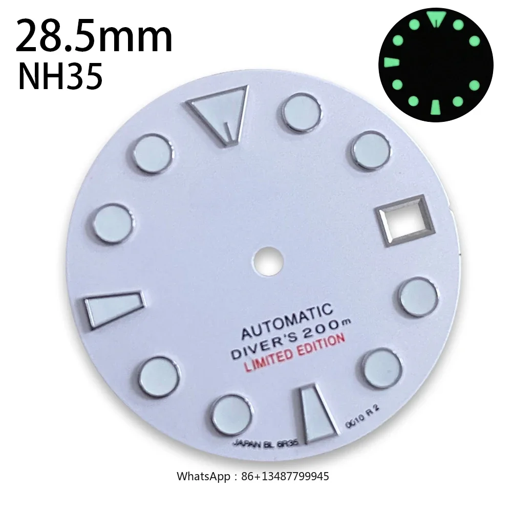 S 로고 다이버 다이얼, 일본 NH35, NH36, 4R, 7S 무브먼트, 그린 루미너스 시계 수정 액세서리, 28.5mm