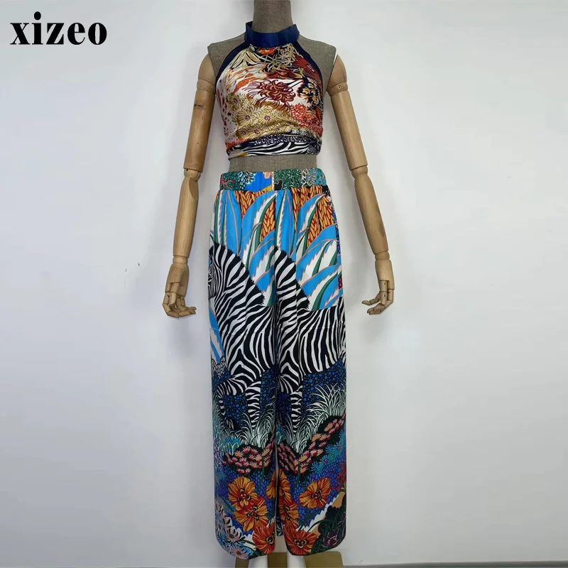 XIZEO Summer beach Women two-piece suit fashion sexy Boho African Holiday free size Silk feeling top and pants