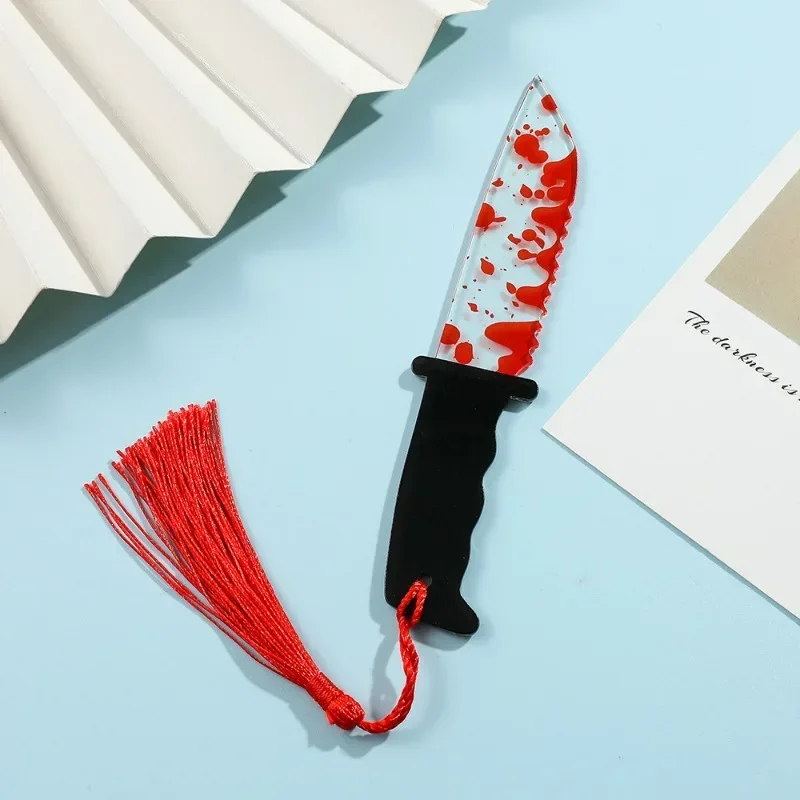 Horror Knife Clear Acrylic Bookmark with Tassel Halloween Series Funny Gift Chopper with Blood Book Mark Reading Supplies