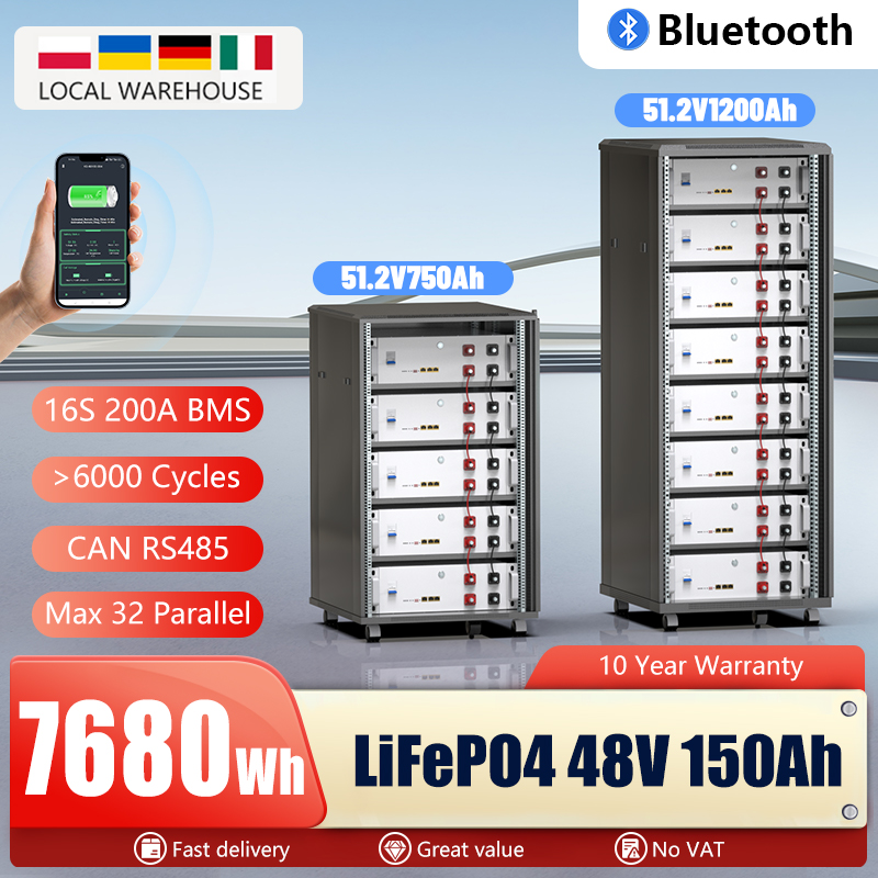 LiFePO4 48V 150Ah 7.6KW Lithium Battery Bluetooth 51.2V 100Ah 200Ah 6000+Cycles 32 Parallel CAN/RS485 For Solar-EU UKR No Tax