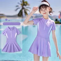 Summer Girls Swimsuit Short Sleeve One-piece Dress Kids Swimwear With Underwear Children Holiday Vacation Beach Clothes For Girl 1