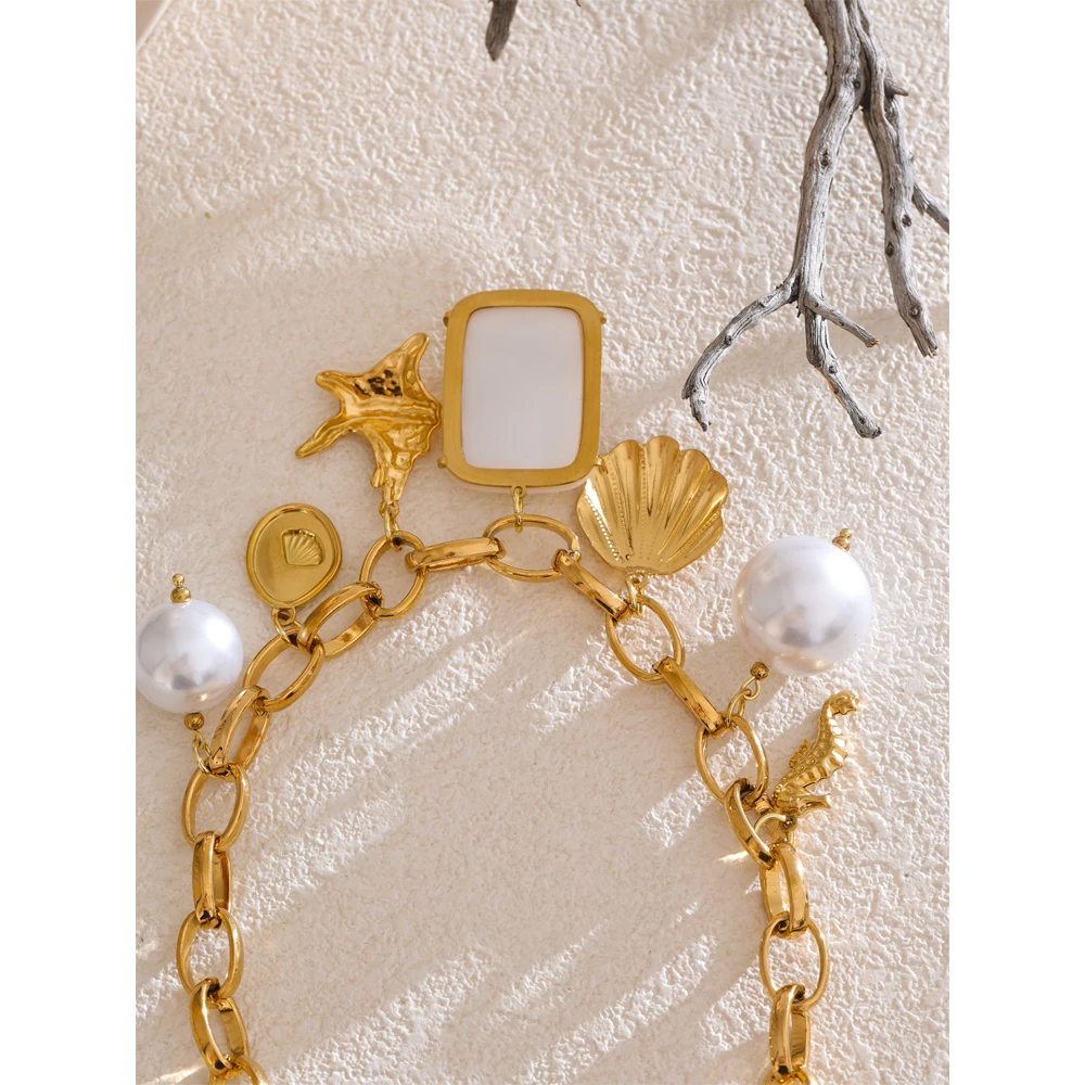 Yhpup Stainless Steel Pearl Resin Starfish Shell Pendant Necklace for Women
