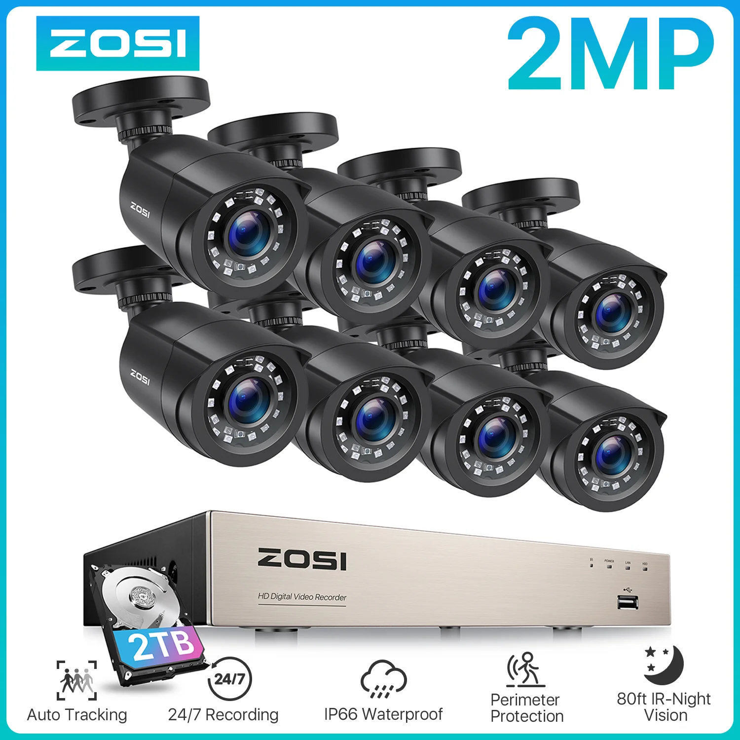 ZOSI 8CH CCTV System 5MP Lite HD-TVI DVR kit 1080p
