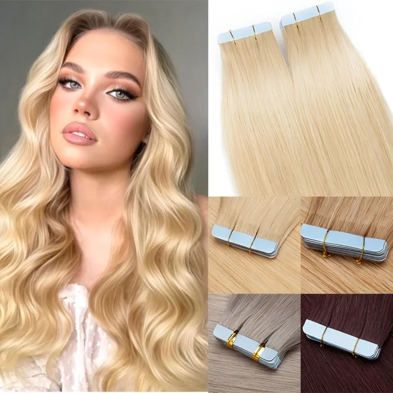 PROKYVITY 10/20 Pcs Natural Look Tape-In Hair Extensions 100% Human Hair 12-24 Inches Seamless Reusable Hairpiece for Women