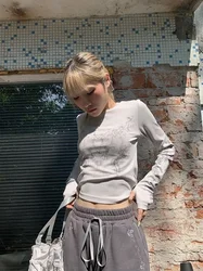 Chic Vintage Y2K Women's Long Sleeve O - neck Printed Crop Top - M (Gray)
