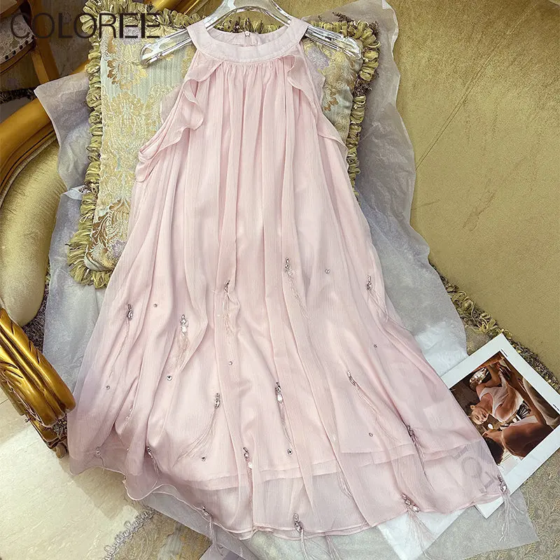 

Pink Summer Dress Women 2023 Sweet Elegant Ruffles O-neck Sleeveless A-line Mini Dresses Korean Fashion Clothing