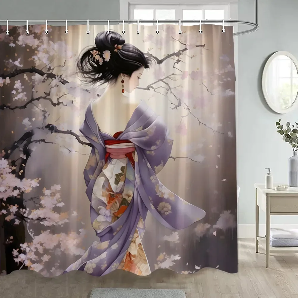 Japanese Style Flowers Bird Shower Curtain Abstract Mountain Red Floral Plant Ink Art Landscape Fabric Decor Bathroom Curtains 2