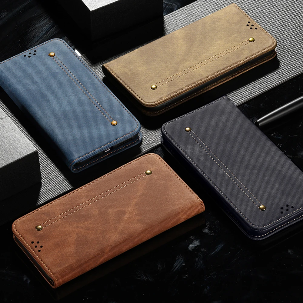 Luxury Leather Flip Wallet Case with Card Slot and Magnetic Closure - Ultra Denim Texture Cover