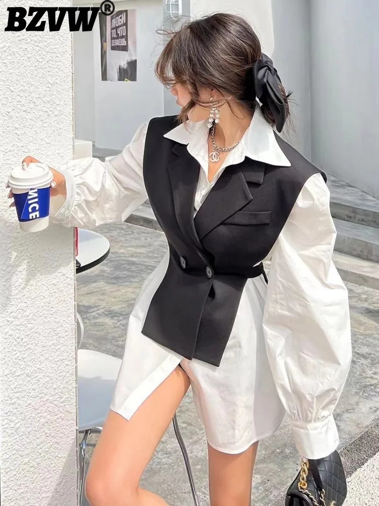 BZVW Fashion Women's Trendy Coat Top Two Piece 2024 Spring Autumn New Contrast Color Designer Versatile Shirt Jacket Female