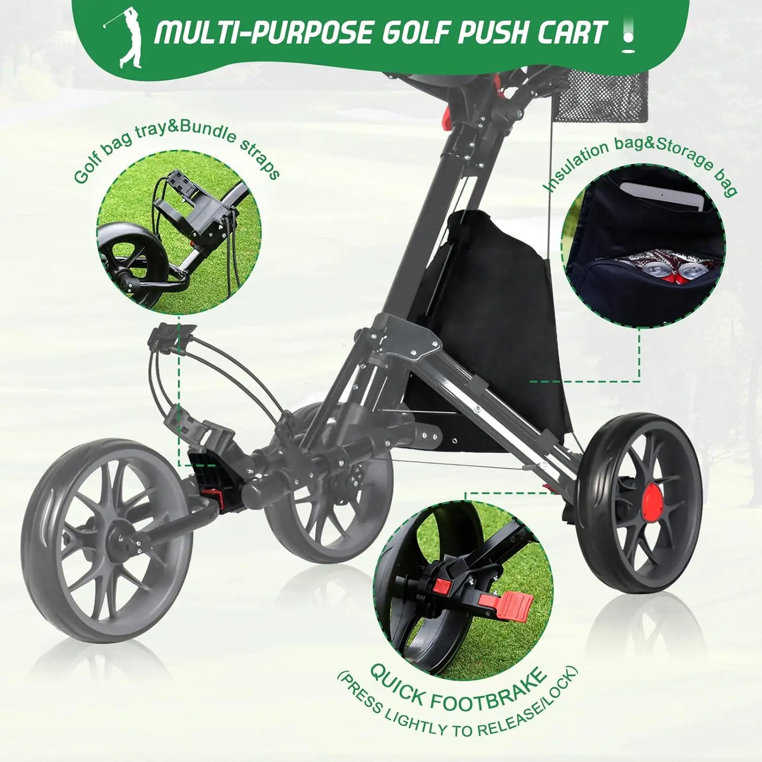 Golf Push Cart, 3 Wheel Push Cart Foldable and Lightweight Pull Cart, Cart Easy to Open/Fold,