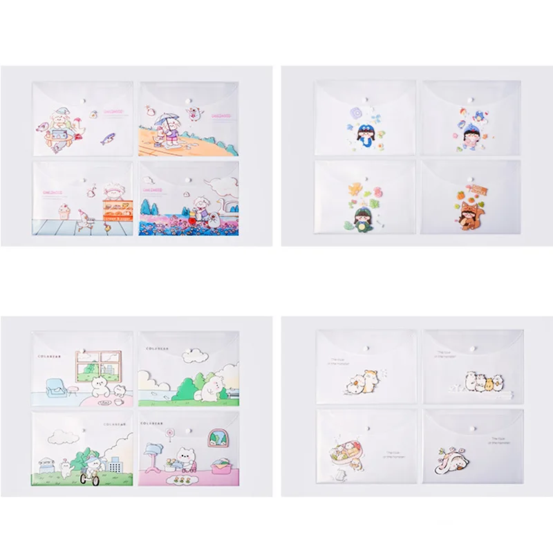 4pcs File Bag Cute Cartoon Plastic A4 PVC Documents Filing Storage Bag Student Organizer Information Pocket Folders Stationery