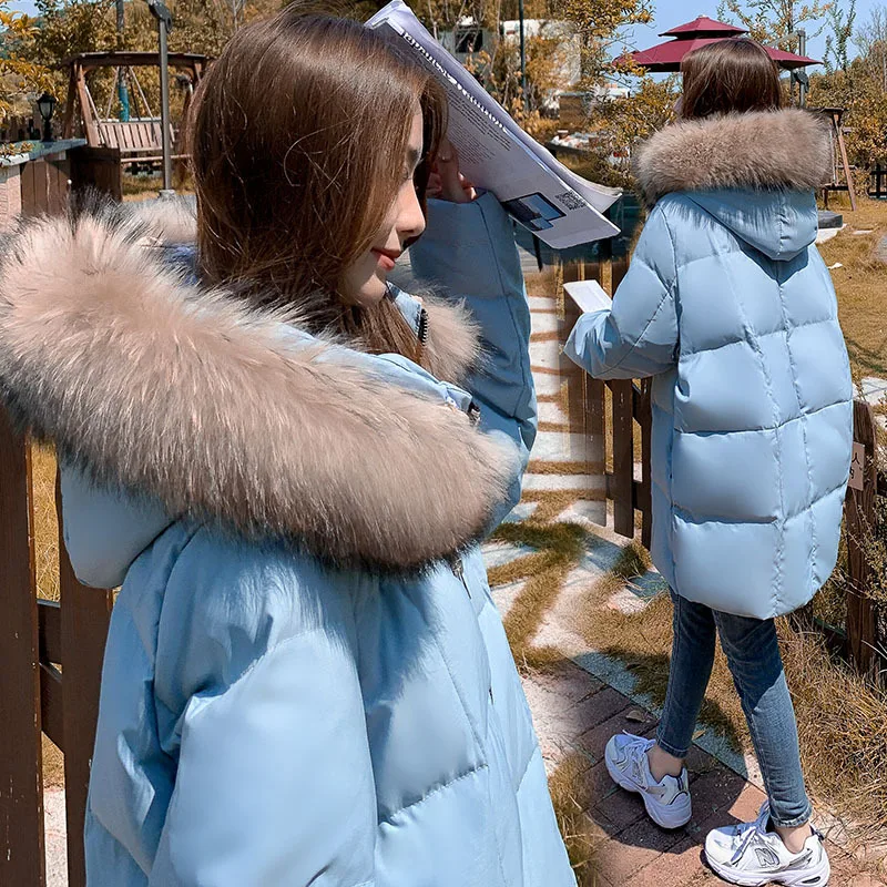 Women Down Jacket Raccoon Fur Collar Winter Windproof Loose Thick Medium-length Models Coat Jackets Overcoat Outwear Hooded Warm men s clothing women s jacket down jacket medium length couple warm solid color coat winter overalls coat hooded overcoat