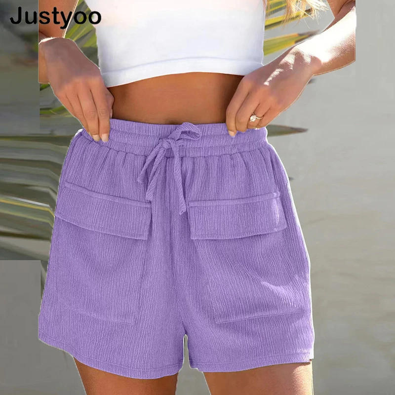 

2023 Women Drawstring Short Pants Solid Color Front Pockets Pants High Waisted Slim Fit Casual Holidays Vacation Outfit Shorts