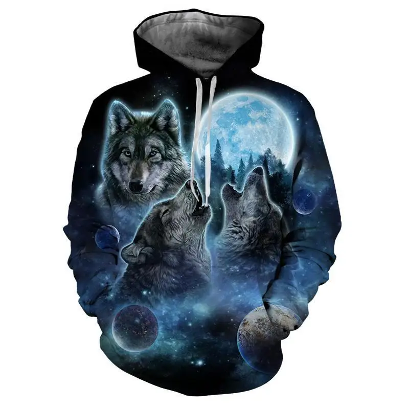 Men's Leisure Wolf Long Sleeves Cartoon Hooded Hoodie Social Casual Y2k Oversized Vintage Harajuku Fashion Factory Clothes