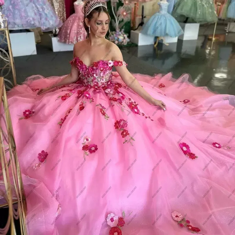 ANGELSBRIDEP ũ 3D  ø ̽ Quinceanera 巹 Tull Sweet 15 16 Prom Party vestidos de 15 Quinceanera Customized