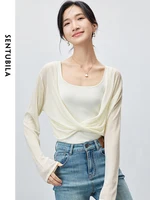 SENTUBILA Casual Cropped V-neck Knitted Pullovers 2024 Summer Fashion Loose Thin Soft Long Sleeve Top Woman Clothing W42H55450 1