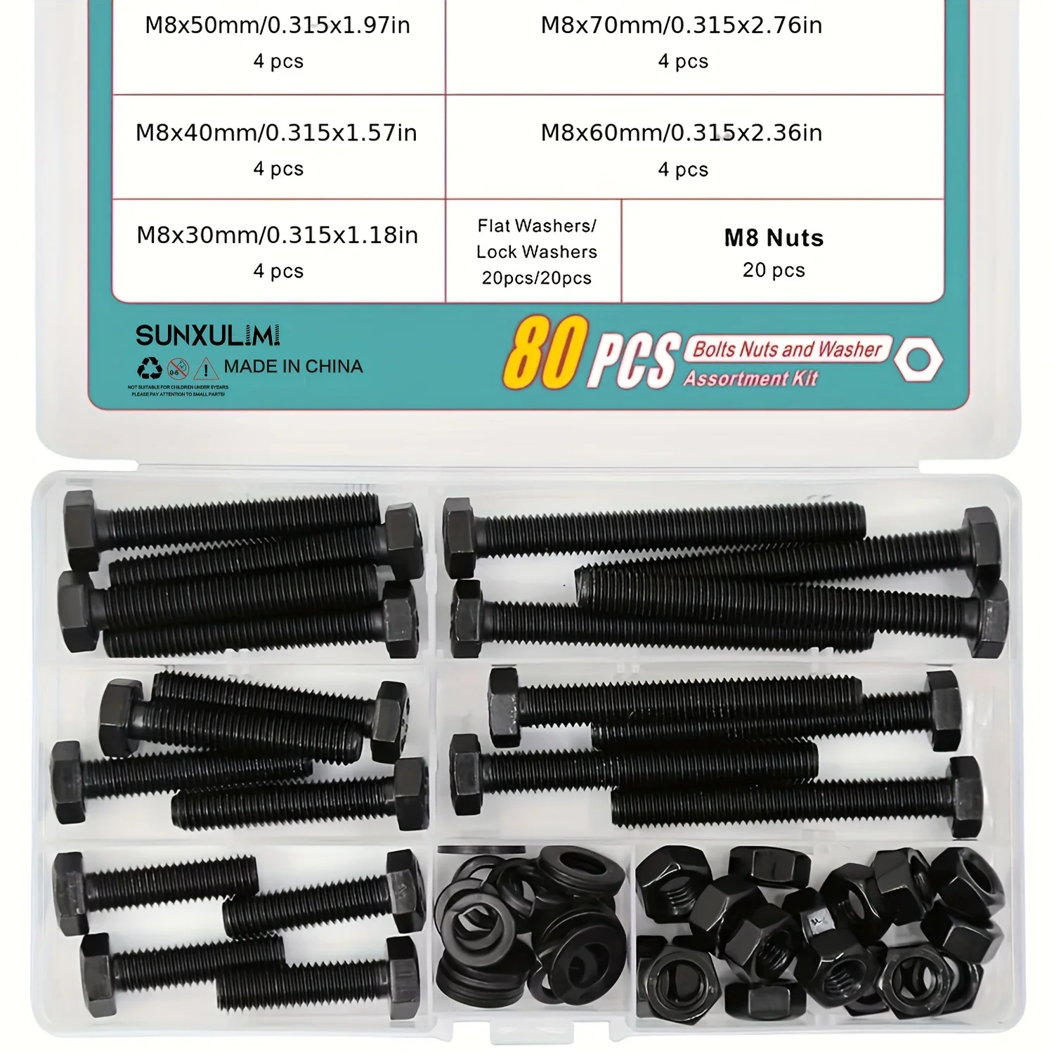 20 Set M8 Hex Head Screws Bolts and Nuts Flat & Lock Washers Assortment Kit Alloy Steel Grade 8.8 (30mm 40mm 50mm 60mm 70mm)