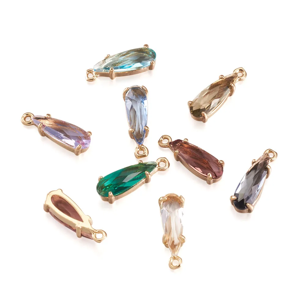 50pcs Faceted Glass Pendants Charms with Brass Open Back Settings Teardrop for Jewelry Making DIY Earring Bracelet 14.5x4.5x4mm