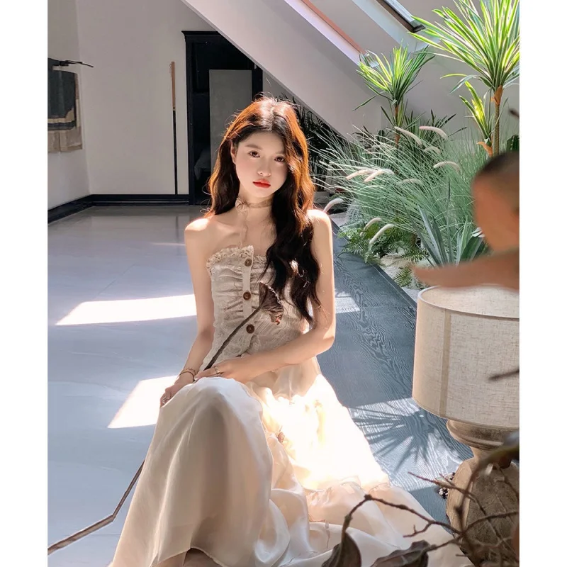 

Niche Design Pure Desire Strapless Dress Elegant Stitching High Sense Fairy Mesh Skirt