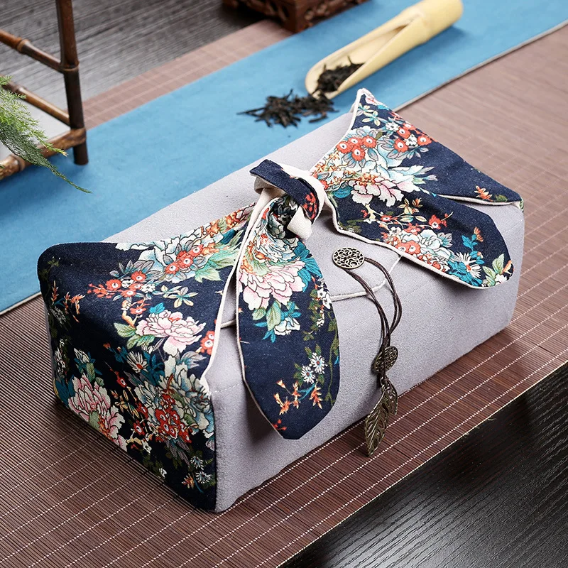 Portable Cotton and Linen Tea Set Travel Organizer Bag