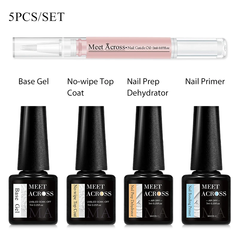 5pc Base Gel Top Coat Kit With Nail Primer,Nail Prep Dehydrate,Nail Cuticle Oil Long Lasting Functional Gel Nail Polish Set