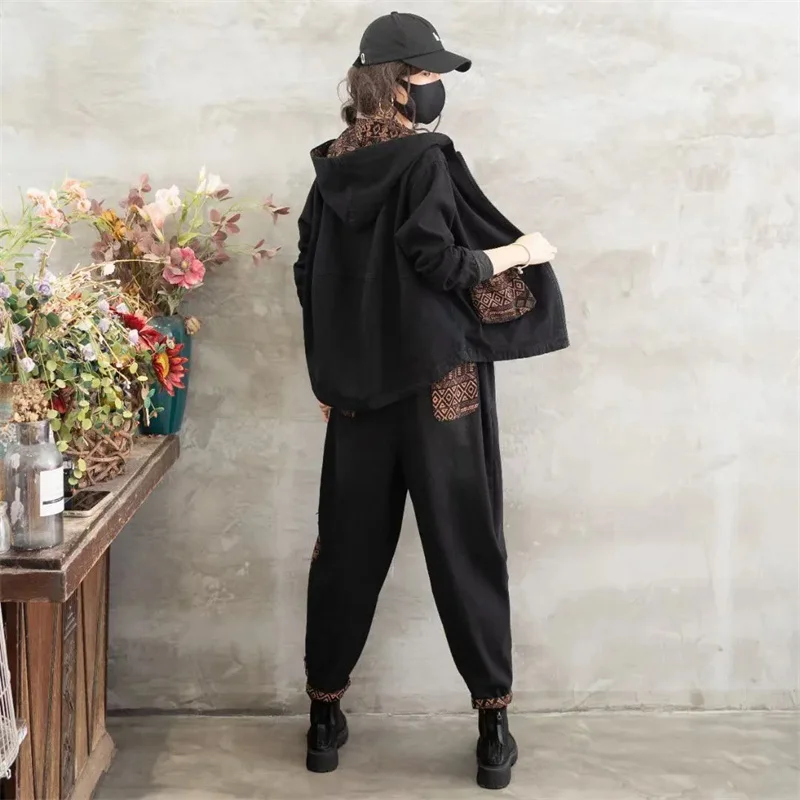 Single/Suit Jeans Suits 2023 Autumn New Korean Loose Jean Jacket Hooded+Jeans Sets Female Literary Retro Two Suits Cotton Female