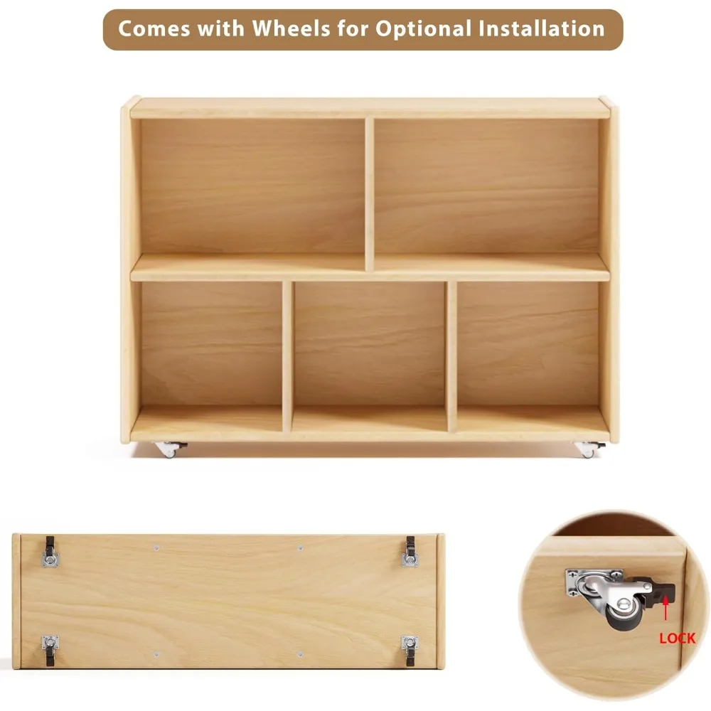 2-Tier Solid Wood Shelves Toy Organizers and Storage,5-Compartment Storage Cabinet with 4 Wheels,for Toddler Kids Room 4