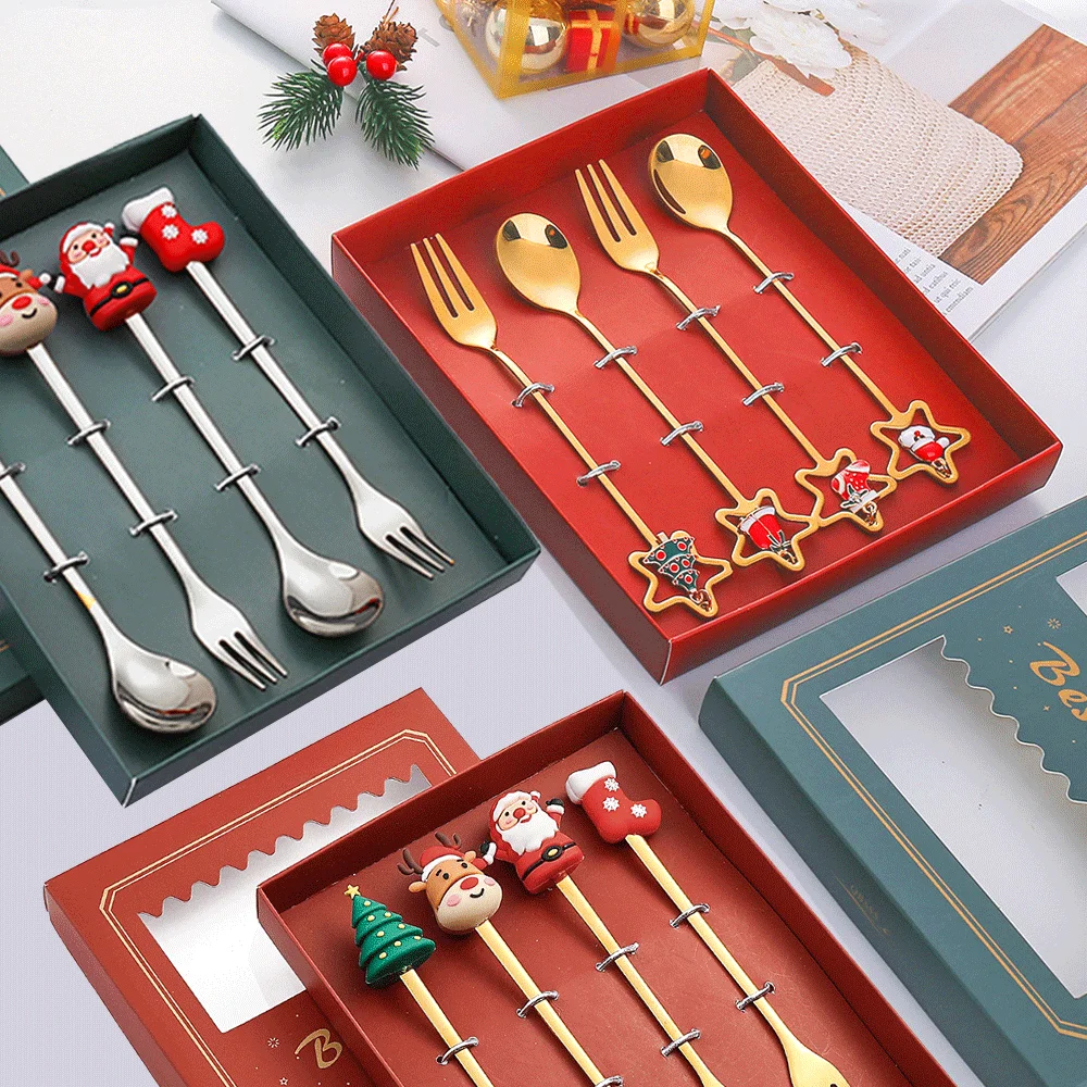 

4pcs Christmas Gift Golden Spoon Fork Set Elk Christmas Tree Decoration Dessert Scoop Fruit Fork Coffee Spoon Xmas Cutlery Gifts