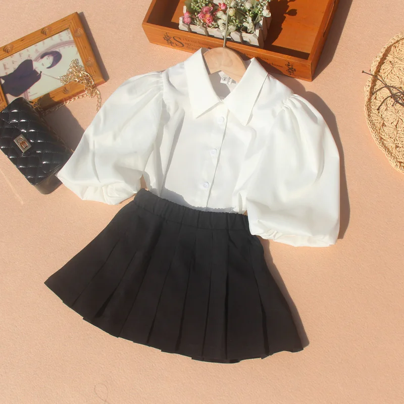 Korean Toddler Girl Puff Sleeve Top Chiffon Summer Children Nine Point Sleeves White Blouses Turn-down Collar Teen School Shirts