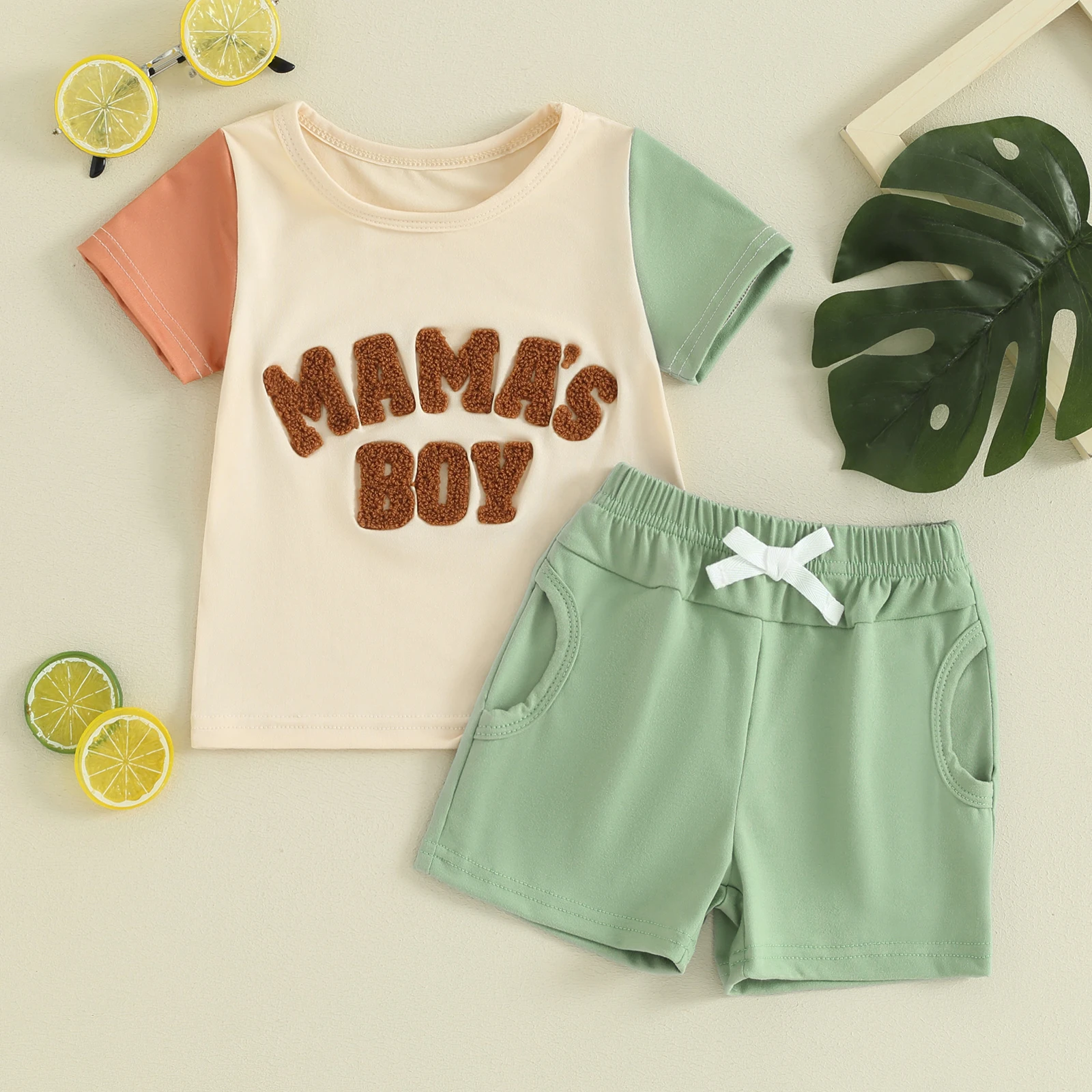 FOCUSNORM 2pcs Toddler Baby Boys Summer Clothes Sets 0-3Y Patchwork Short Sleeve Fuzzy Letter Embroidery T-Shirts Tops Shorts