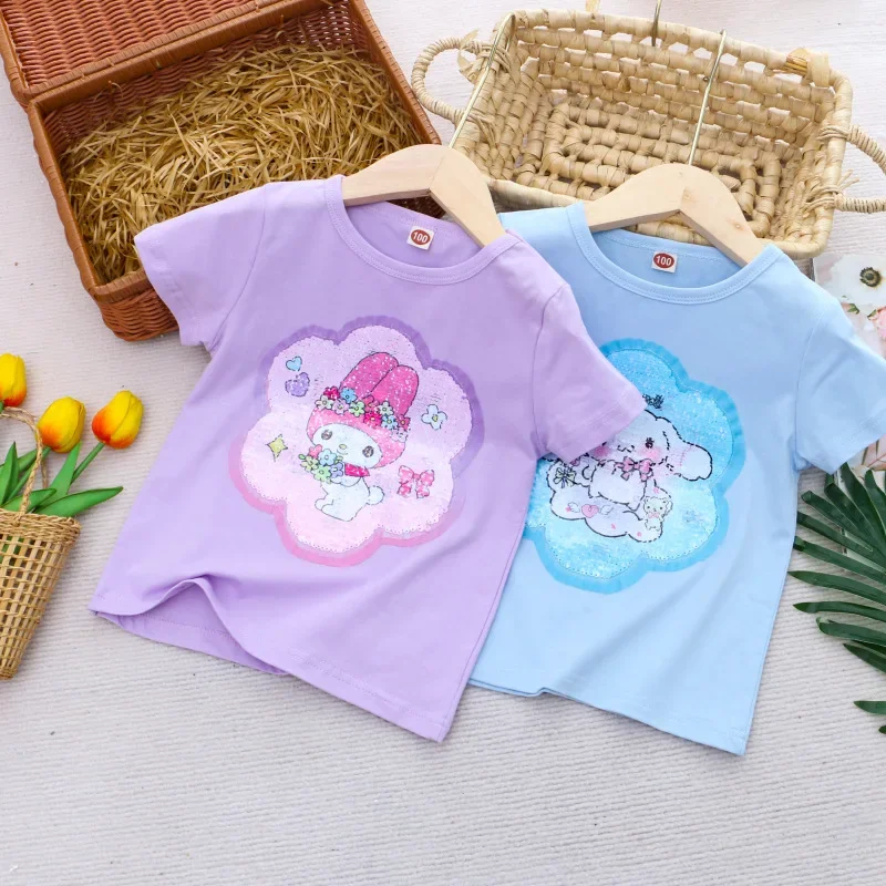 Sanrio Girl Short Sleeve T-Shirt Hello Kitty Kuromi Cinnamoroll Girls' Cotton Material T-shirt Multi Colored Cartoon Pattern Top 3