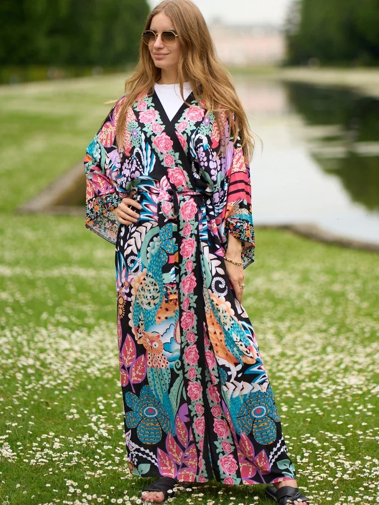 Vertuschungen Rayon Strand Kimono Print Robel Plage Tunika für Strand gürtel Big Kaftan Pareos de Playa Mujer langes Kleid Beach wear