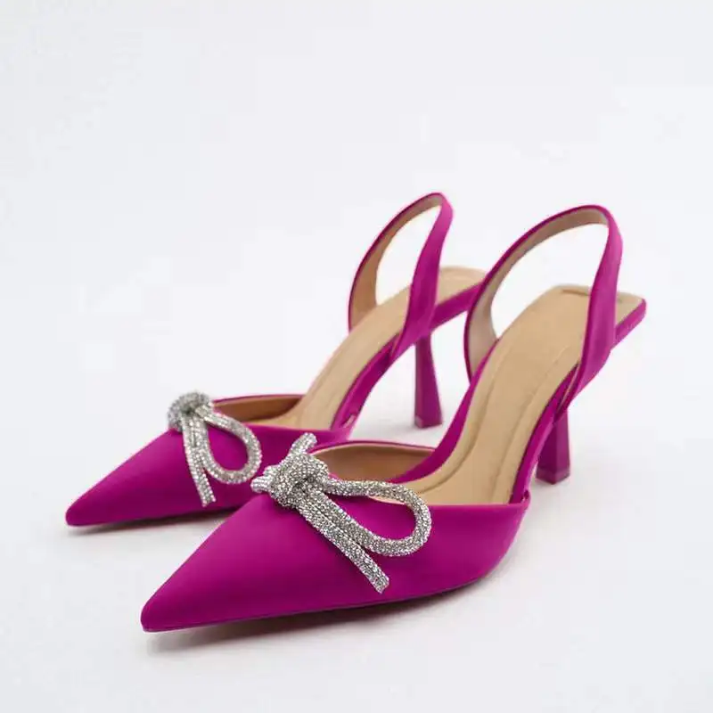 

2024 Spring Blue Diamond Bow High Heels Women's Pointed Fashion Banquet Hollow Sandals Casual Street Women's Shoes