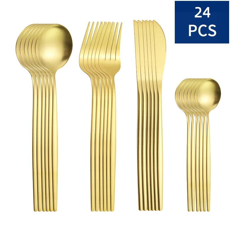 

24 PCS Frosted Cutlery Tableware Set Black Golden Spoon Fork Dinnerware Kitchen Gadget Sets Stainless Steel Portable Utensils