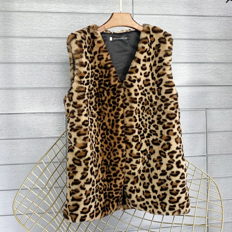 

new fashion Rex Rabbit Fur Leopard Pattern winter medium long imitation fur vest warm vest women's Vest coat soft