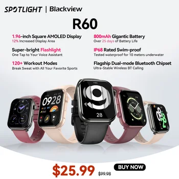 [World Premiere] Blackview Smartwatch R60 Watch 1.96” AMOLED Display 800mAh Bluetooth Phone Calls Health and Fitness Tracking