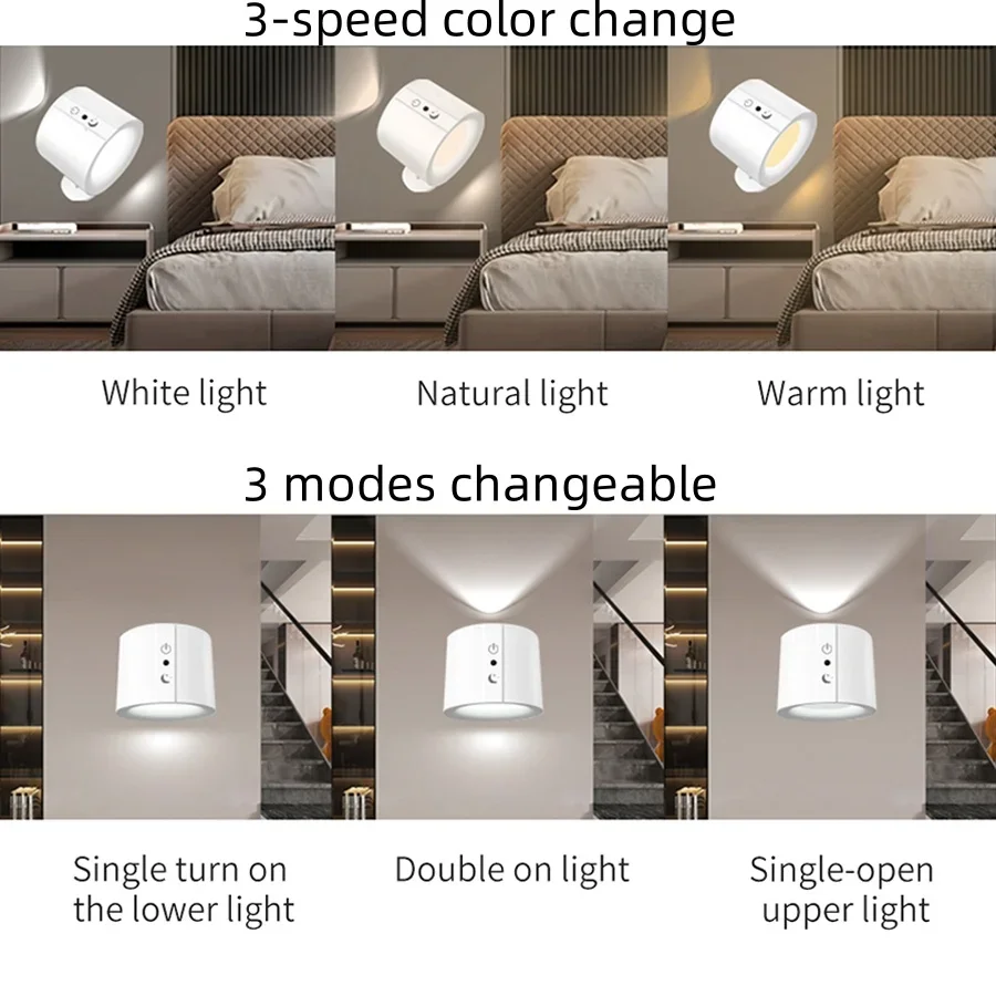 Wall Light LED Rechargeable Touch Double Head 360 Rotatable 3 Colors for Bedroom