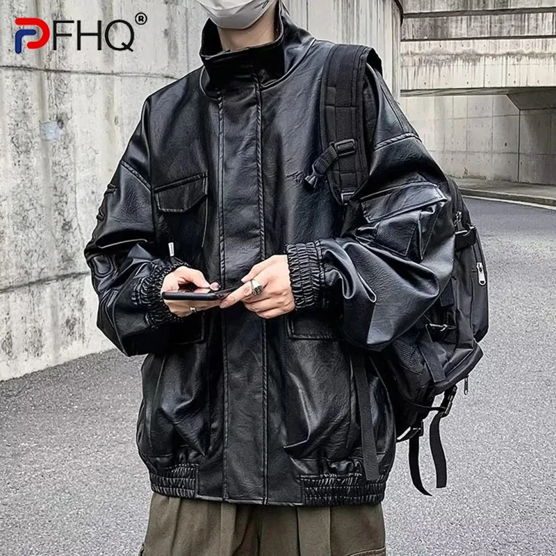 

PFHQ American Style Handsome PU Jackets Men's Autumn Trendy High Street Darkwear Zippers Motorcycle Coat Avant-garde New 21Z2782