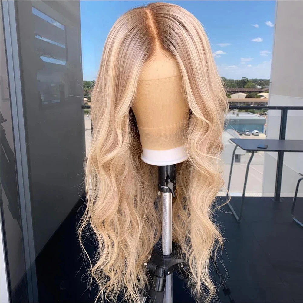 Light Blonde Highlights Synthetic Hair Wigs for Women 13x4 Lace Frontal Wig Roots Loose Wave PrePlucked Middle Part