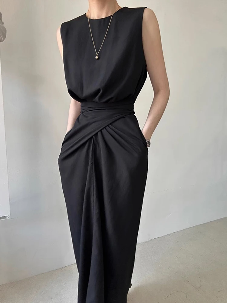 Korejpaa Korean Fashion Summer Dress Elegant Round Neck Twisted Tie Design Waist Slimming Vest Dresses Women Clothes Vestido