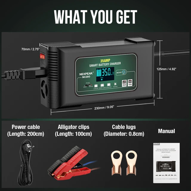 Batterie Ladegerät, NEXPEAK Batterieladegerät 35A 12V 24V Ladegeräte für  Autobatterien Mit LCD Touchscreen Automatische Temperaturkompensation  Reparaturmodus Erhaltungsladegerät Auto Motorrad Boot: : Auto &  Motorrad