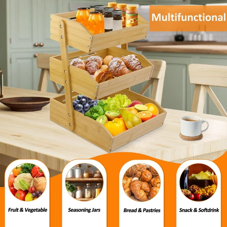 Fruit Basket for Kitchen Counter 3 Tier Fruit Stand Fruit Vegetable Storage Basket Fruit Bowl for Kitchen Counter Large Bamboo