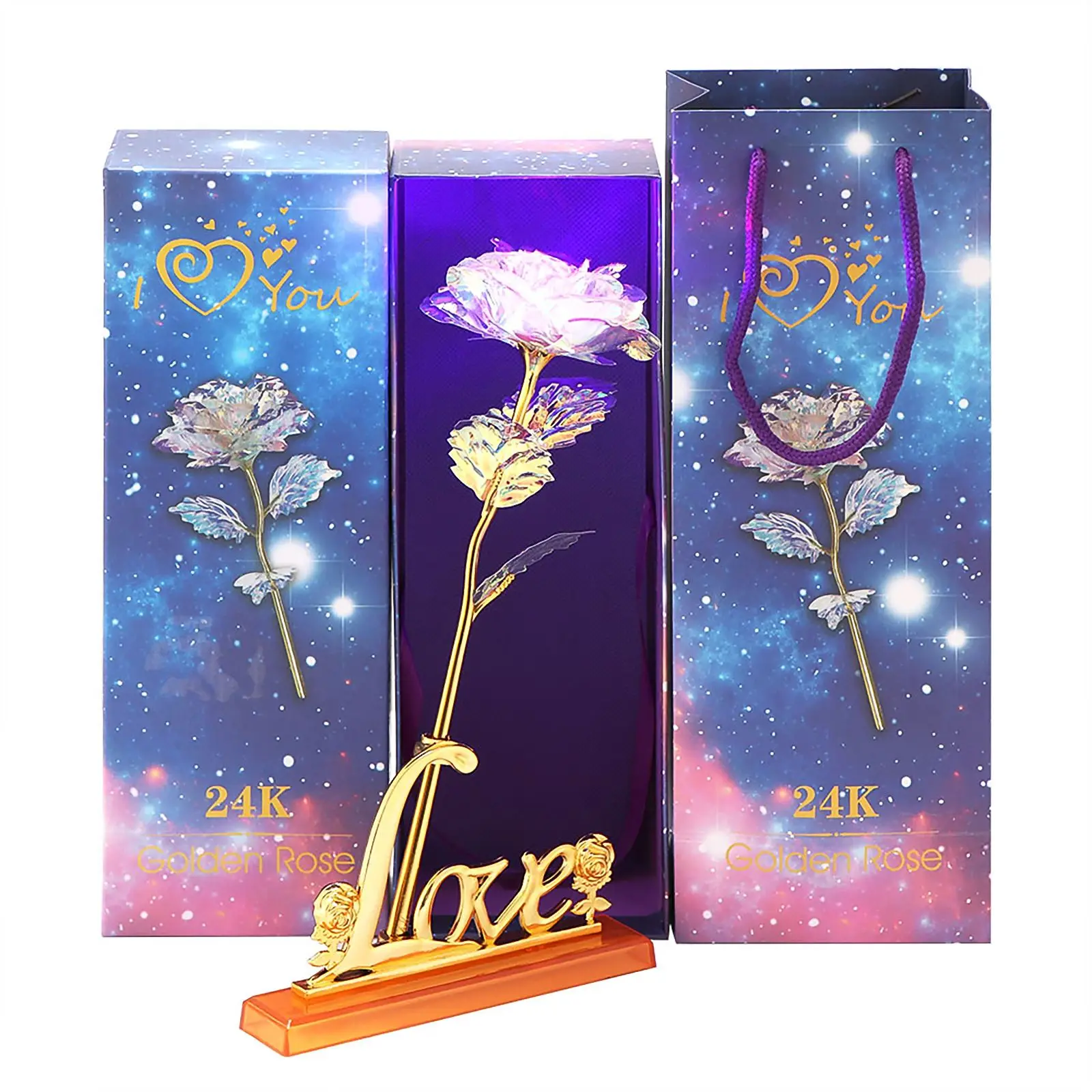 

Valentine'S Day Simulation Rose With Colorful Head Vibration Light Christmas Gift Decoration 24K Golden Foil Roses Adornment