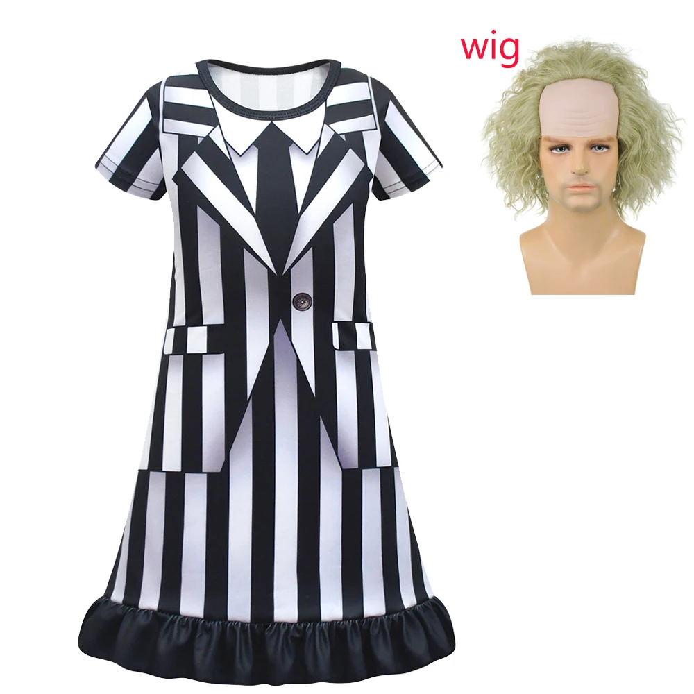 thumbnail image 1 of Halloween Girls Clothes Movie B-BeetleJuice 2 Cosplay Costume Kids Underworld Masters Cosplay Striped Dress Performance Costumes, 1 of 5