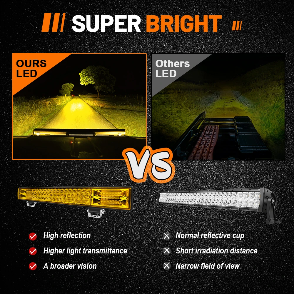 HAOLIDE Led Light Bar Tri-Rows 12inch 3500k Yellow Spot Flood Beam Super Bright IP68 Fireproof Dustproof for SUV Honda