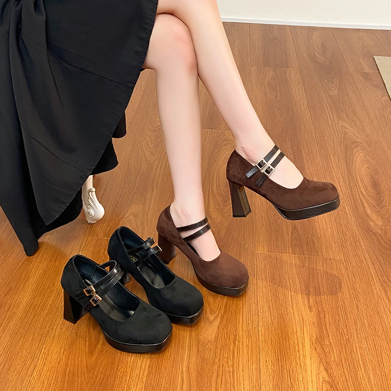 Aphixta Classic Round Toe Women's Mary Janes Shoes 8cm High Heels Platform Woman Shoes Metal Buckle Cow Suede Upper Shoes