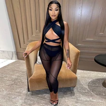 

2022 New Spring Summer Sheer Mesh 3 Piece Club Outfits for Women Halter Backless Bandage Crop Top+underpant+transparent Leggings