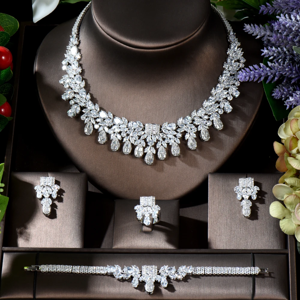 

Fashion Exclusive Necklace Earring Ring Bracelet Set Women Bridal Accessories Gifts CZ Wedding Ornament collier mariage N-866