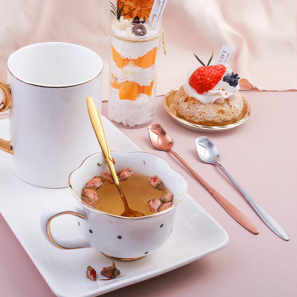 Stainless Steel Rose Stirring Spoon Long Handle Coffee Spoons Tiny Flower Scoop Unusual Teaspoon for Dessert Honey Cake Tea 5Pcs