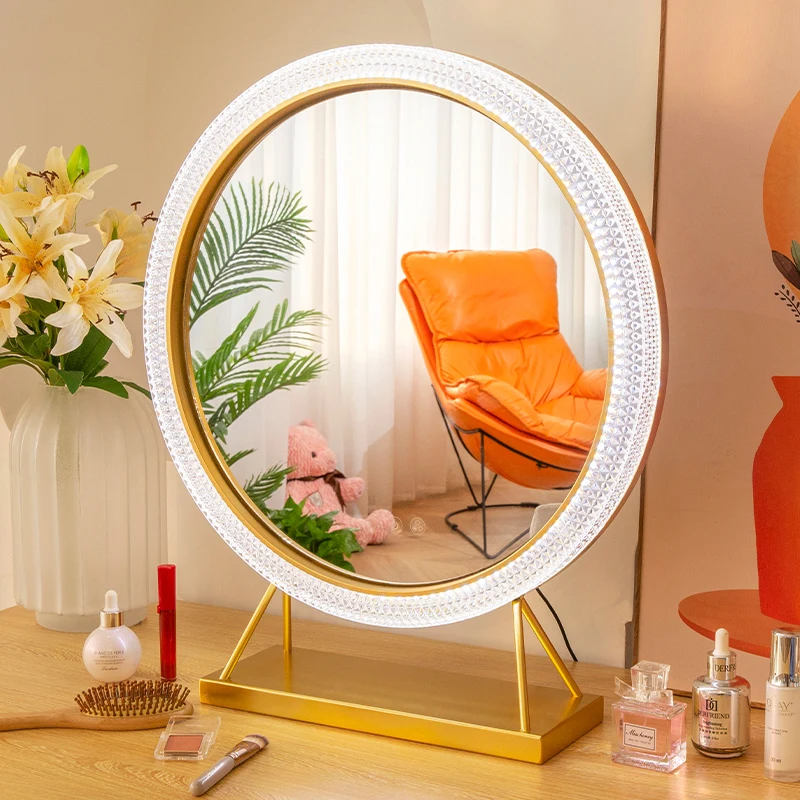 

Round Makeup Mirror Desktop Mirror Wall Mounted Large Princess LED Net Red Makeup Dressing Bedroom